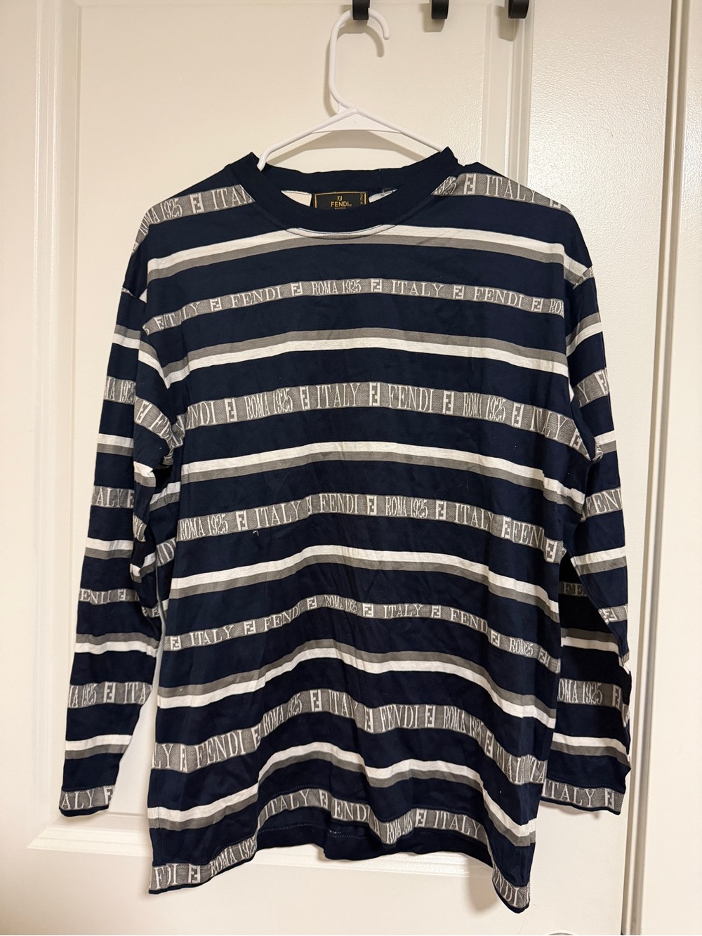 Fendi Navy & White Striped Long Sleeve Tee with Logo Banding authentic L